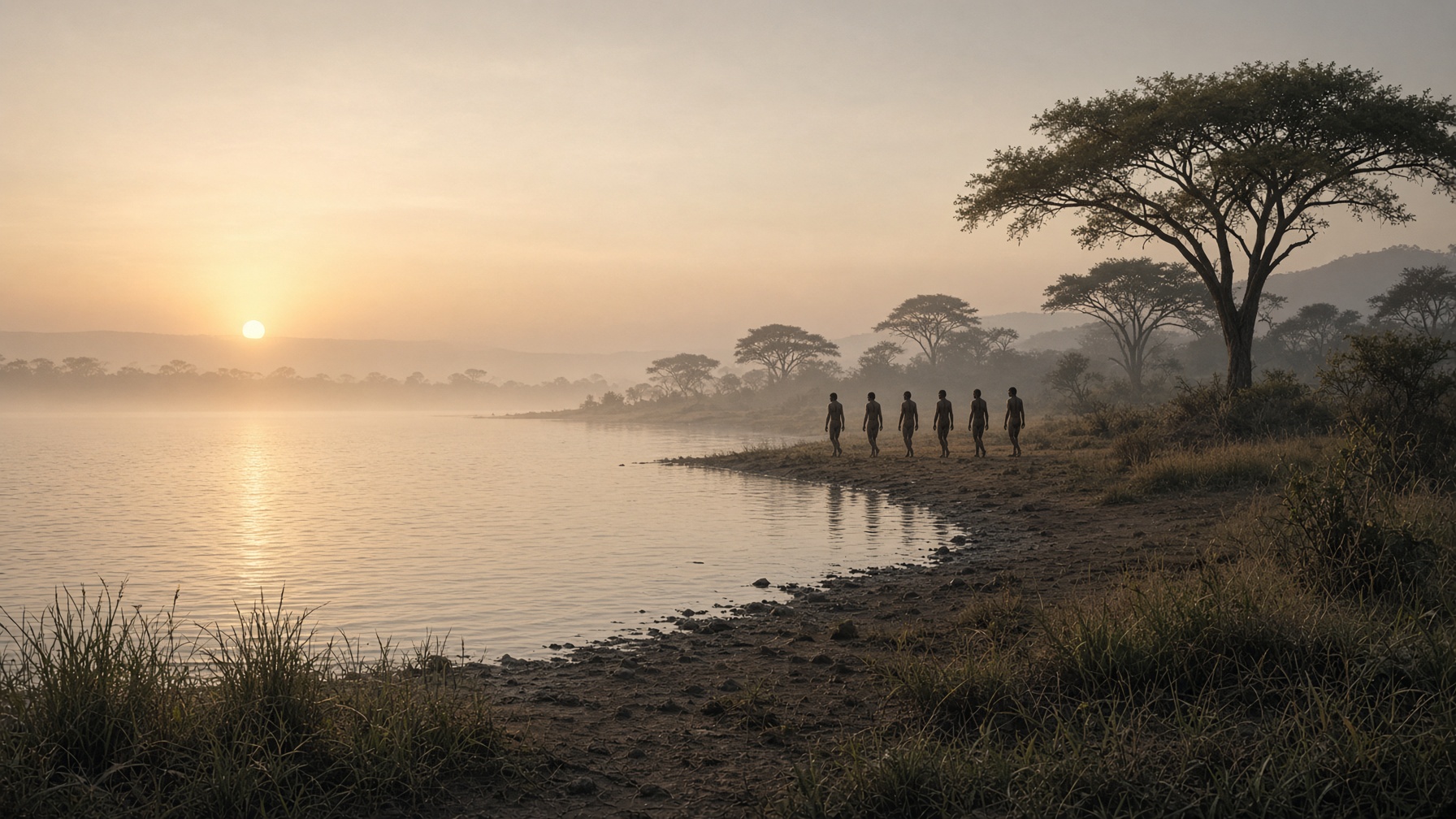 An African lakeshore with distant early-human silhouettes
