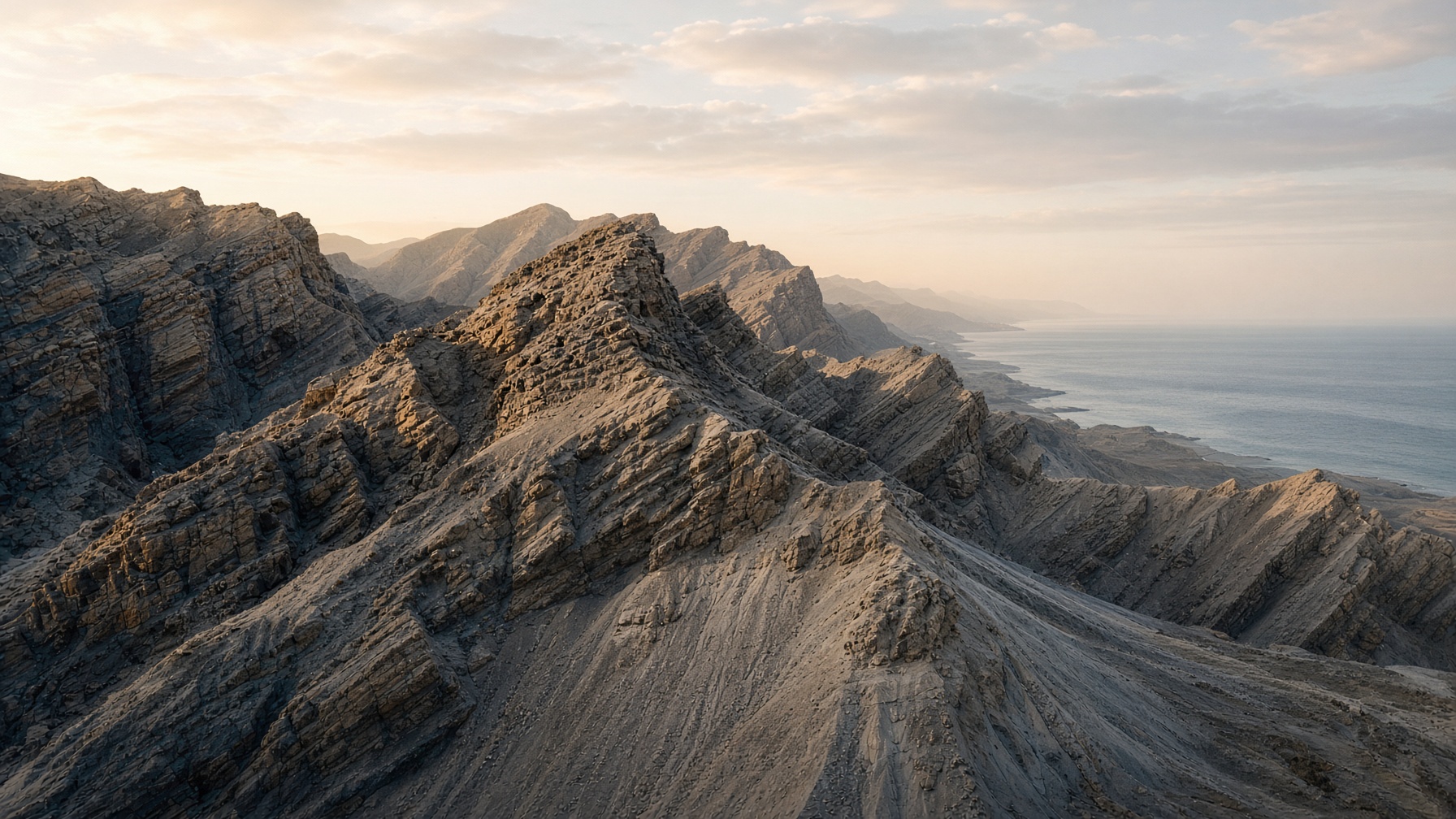 Folded mountains shedding sediment toward a distant sea