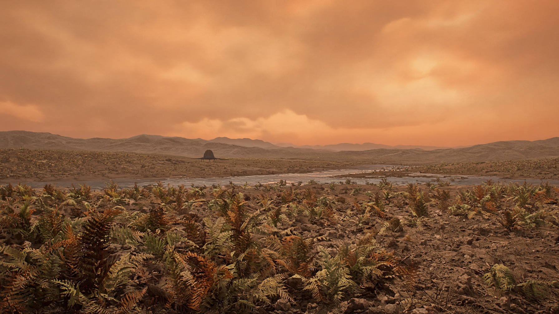 A pre-dinosaur land world of fern prairie and distant synapsids
